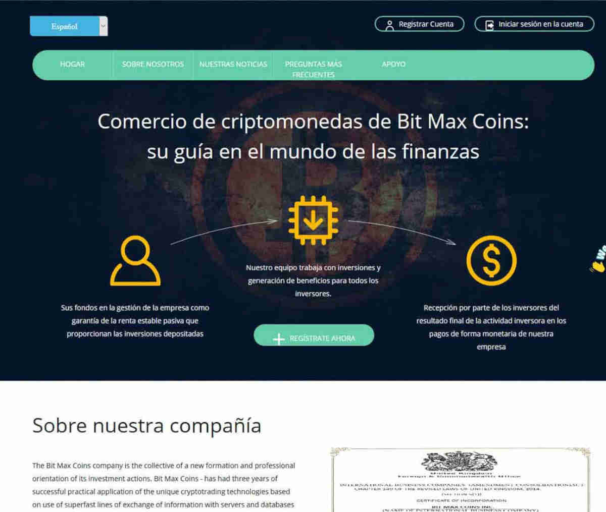 Página web de Bit Max Coins