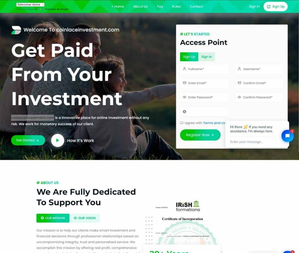 Sitio web de Coinlaceinvestment